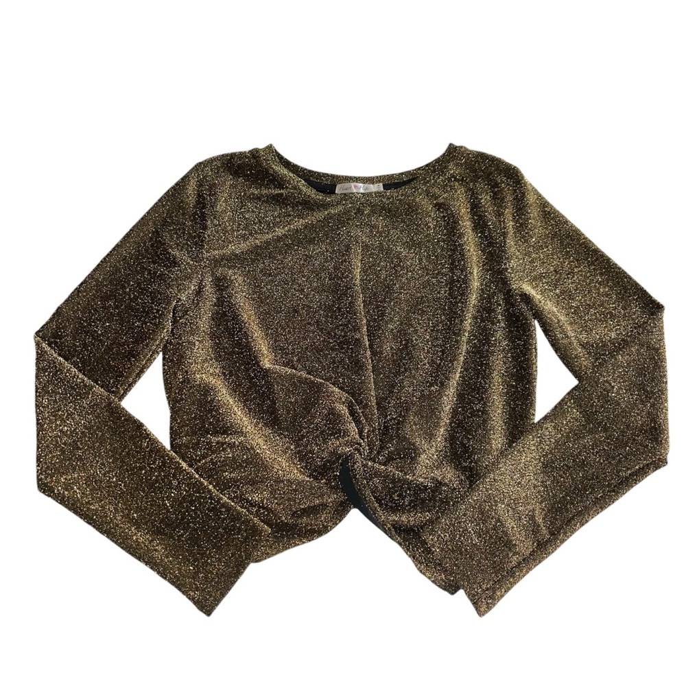 Heart & Hips Glitter Gold Sparkle Tie Twist Shirt Sz M